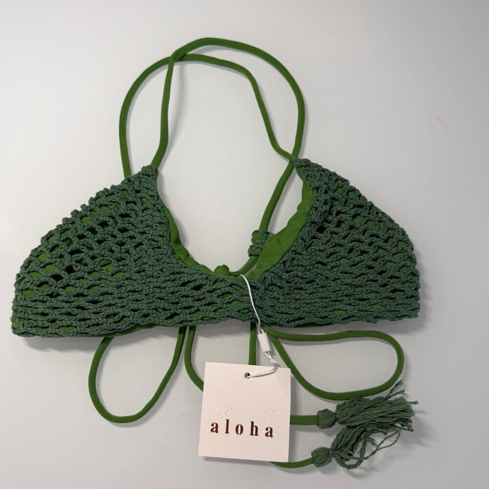 Posh Pua Green Criss Cross Tie Back Crochet Bikini Top Size Medium NWT